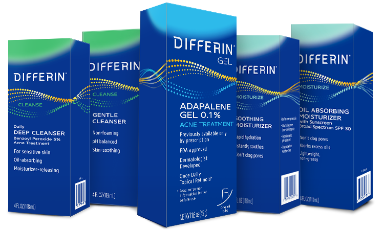 All Differin products: Differin Daily Deep Cleanser, Differin Gentle Cleanser, Differin Gel, Differin Soothing Moisturizer, Differin Oil Control Moisturizer