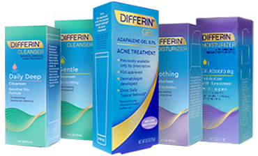 All Differin products: Differin Daily Deep Cleanser, Differin Gentle Cleanser, Differin Gel, Differin Soothing Moisturizer, Differin Oil Absorbing Moisturizer with SPF 30
